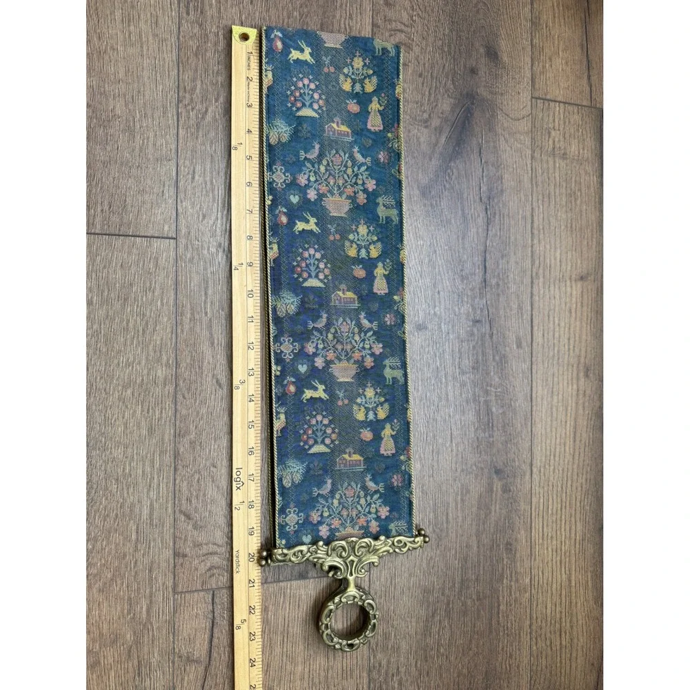 Corona Decor Co Bell Pull Tapestry Sampler Blue Brass Hardware Wall Hanging